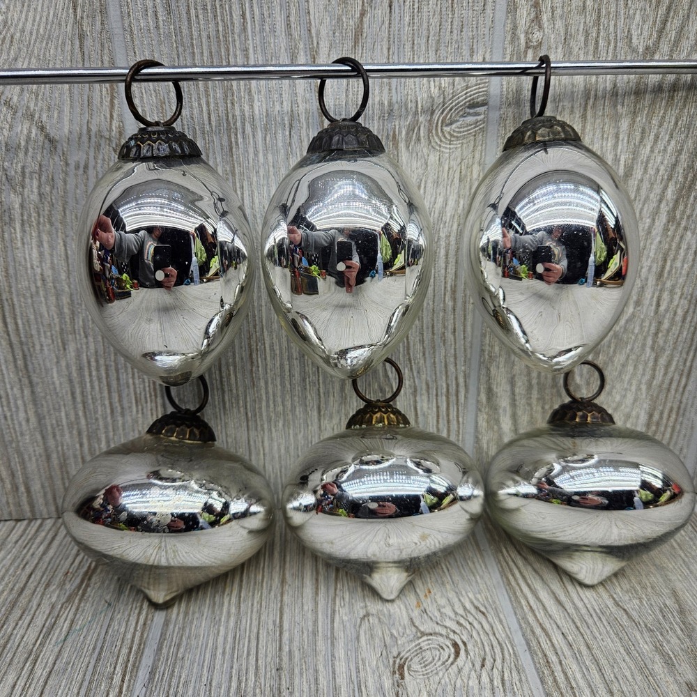 Vintage Kugel Style Mercury Glass Christmas‎ Ornaments Silver Teardrop Set of 6
